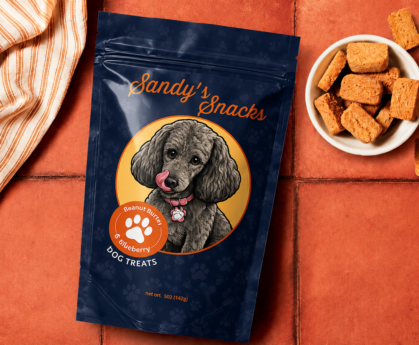 A custom Jasper treat pouch beside a bowl of baked dog treats